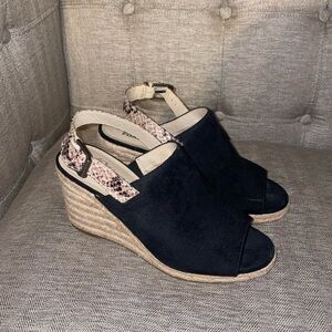 Women's Black Wedge Sandals with Snake Print Accents